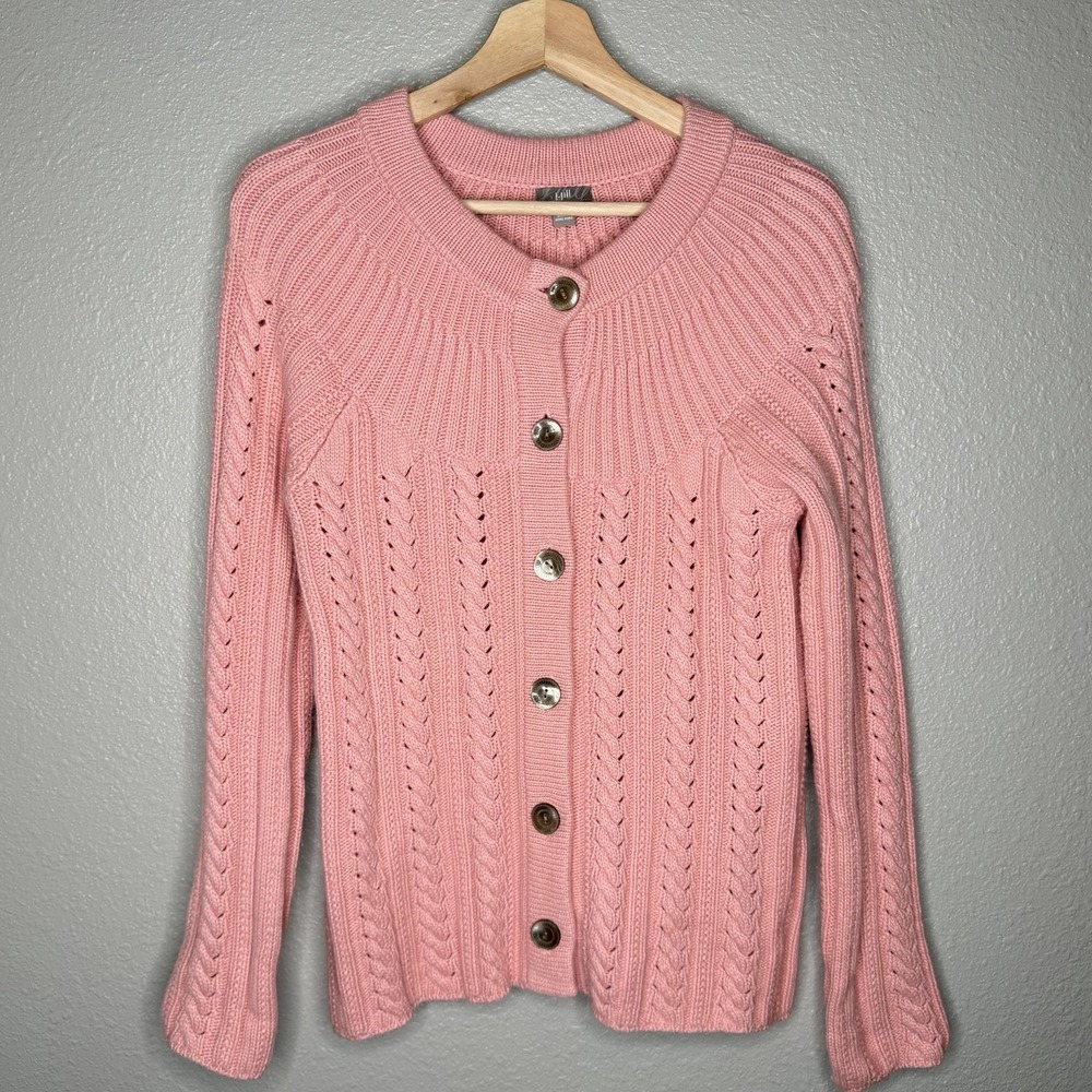 J Jill Pink Angora Blend Cozy Cable Rib Knit Button‎ Front Cardigan Sweater S